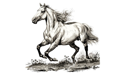 Vintage Horse Galloping Engraving, Detailed Wildlife Etching, Monochrome Equine Art, Retro Nature Illustration, Black Sketch, Antique Fauna Print, Rustic Safari Illustration