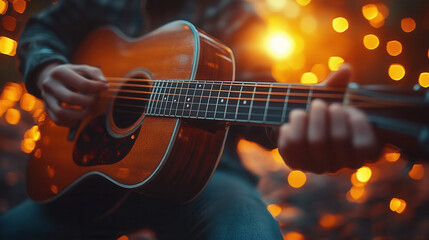 Naklejka premium Electric guitar close-up with musician’s hands on the fretboard and space for text