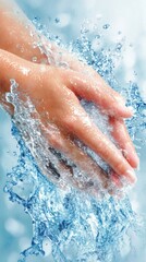 Fototapeta premium Hands washing hygiene close up studio shot with water splash on blue background for health and wellness concept