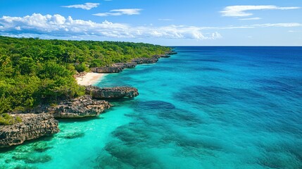 Fototapeta premium Aerial view of the ocean with coral reefs visible beneath the turquoise water