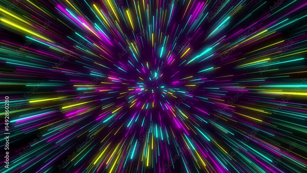 Poster this energetic animation features vibrant streaks of light moving outward from a central point, crea