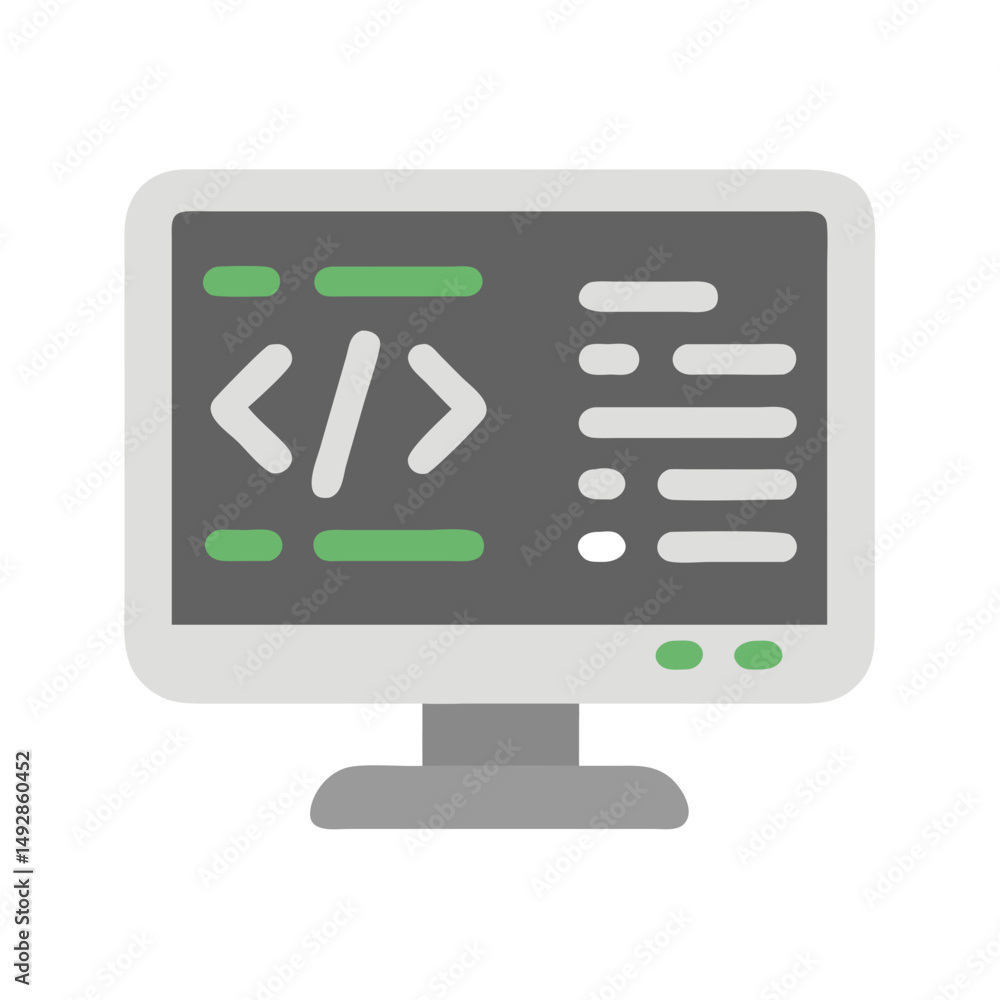 Poster monitor displaying code with tags on gray screen