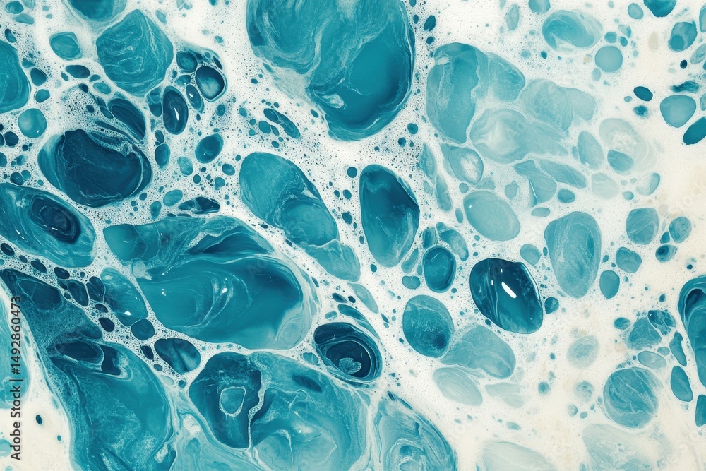 Poster foam and turquoise liquid texture with abstract organic shapes and design. background for science, c