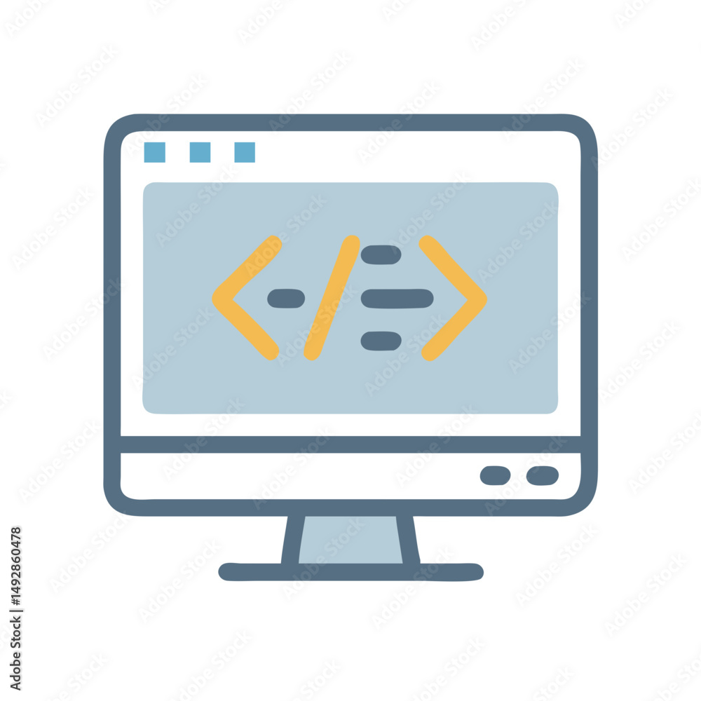 Poster computer screen displaying code symbols in flat design style