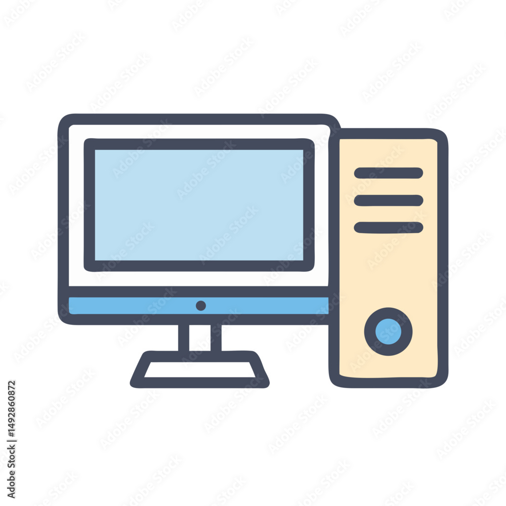 Poster desktop computer with monitor and cpu unit, vector illustration