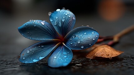 Delicate, vibrant blue flower, glistening with water droplets