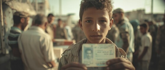 A young boy holds an identity card amidst a crowd, highlighting themes of identity, childhood, and the human condition in an uncertain world.