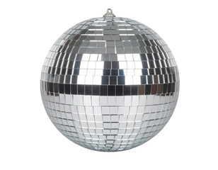 Perfect sphere, composed of many small, mirrored squares, creating a reflective and glossy surface.  The design is clearly a disco ball.