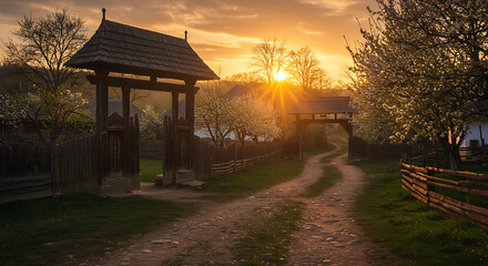 Golden Hour Sunlight Illuminates Rustic Village Entrance with Wooden Gateways
