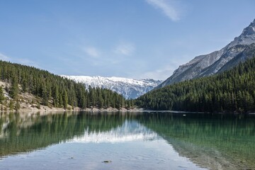 Serene mountain lake with clear reflections.