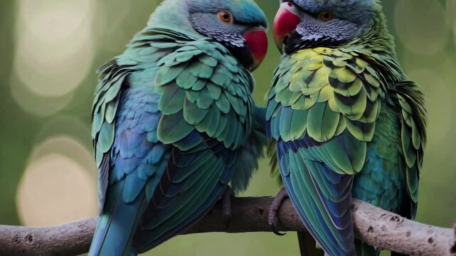 Colorful parrots interact closely in a lush tropical setting during a warm afternoon