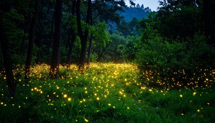 fireflies glowing in a forest clearing at dusk