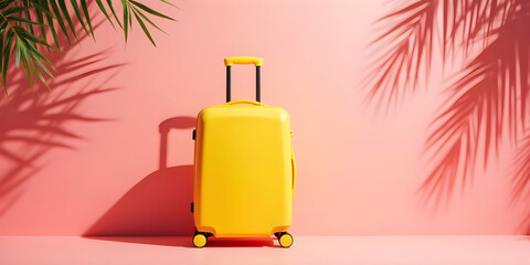 Obraz premium Bright yellow suitcase with wheels stands against a pastel pink wall, surrounded by lush green palm leaves, creating a vibrant travel-themed scene with a playful and inviting atmosphere