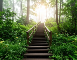 Obraz premium stairs winding through lush forest greenery in early morning mist near hiking trail