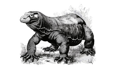 Obraz premium Vintage Komodo Dragon Engraving, Antique Jungle Wildlife Art, Monochrome Reptile Illustration, Retro Lizard Print, Rustic Hand-drawn Nature Sketch, Old Engraving Style, Trendy Reptile Art
