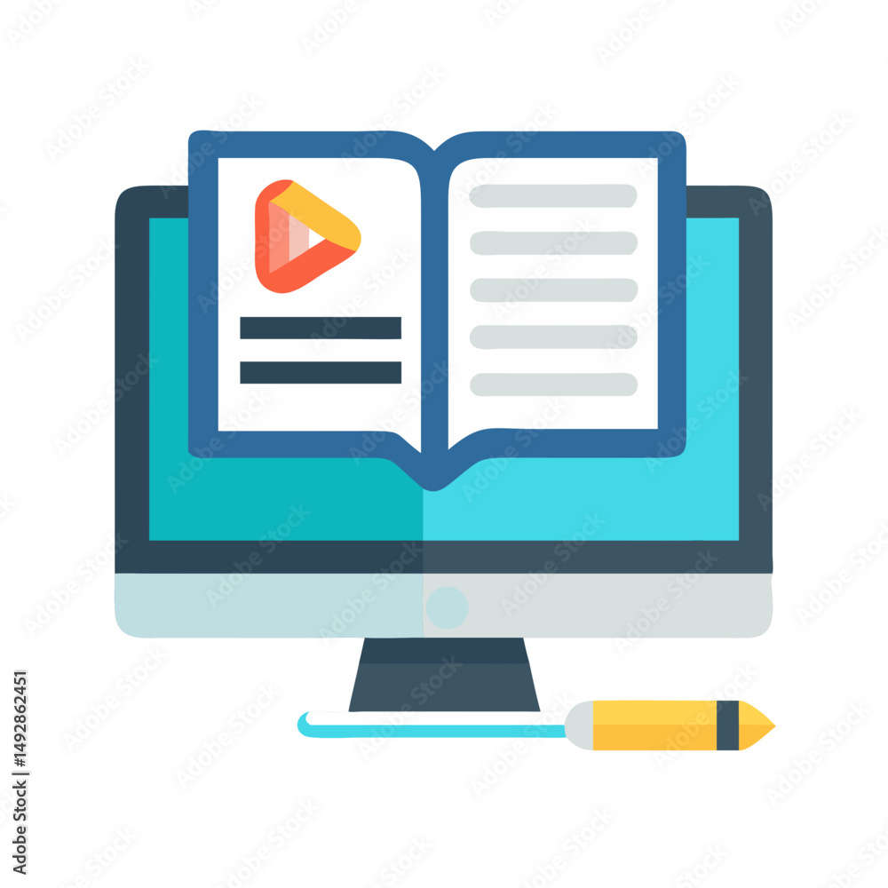 Poster online learning concept with computer screen and open book