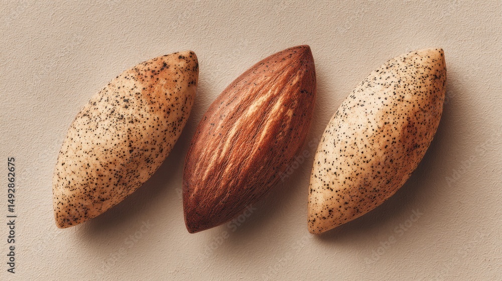 Poster three cocoa beans arranged side by side in studio shot showcasing natural texture and color variatio