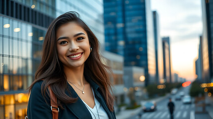 Obraz premium Young beautiful woman smiling in a city panoramic banner, pretty student girl portrait, young businesswoman standing outdoor, copy space