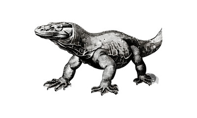 Antique Engraving of Komodo Dragon Walking, Retro Jungle Wildlife Sketch, Vintage Lizard Print, Rustic Hand-drawn Nature Art, Monochrome Reptile Illustration, Old Engraving Style