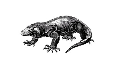 Antique Engraving of Komodo Dragon Walking, Vintage Reptile Illustration, Retro Jungle Wildlife Sketch, Black sketch, Rustic Lizard Print Design, Monochrome Hand-drawn Nature Art