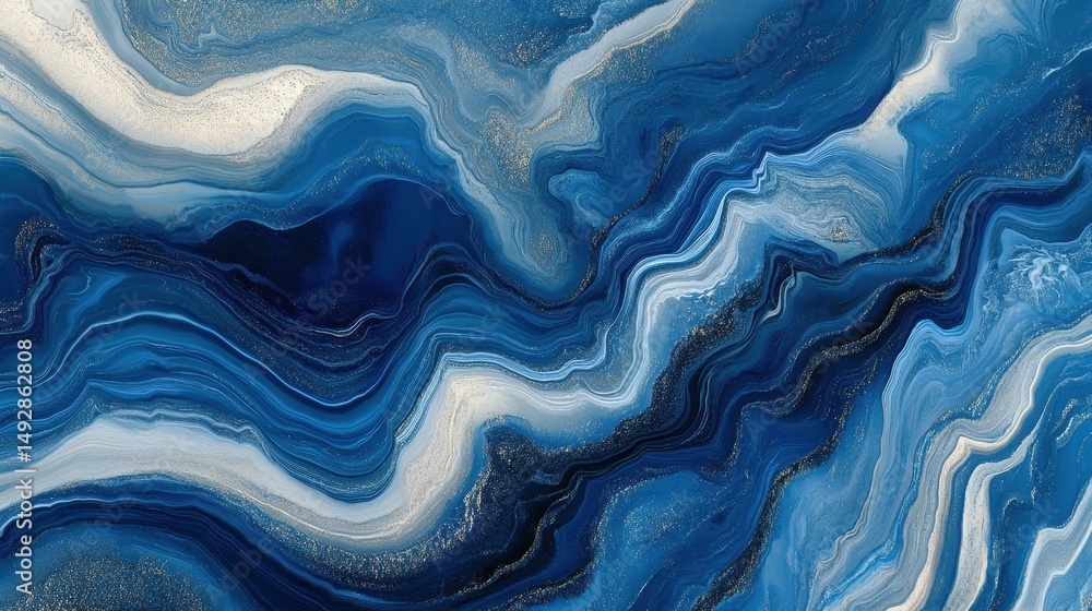 Poster abstract fluid art in shades of blue, white, and gold creating wave patterns. perfect background for