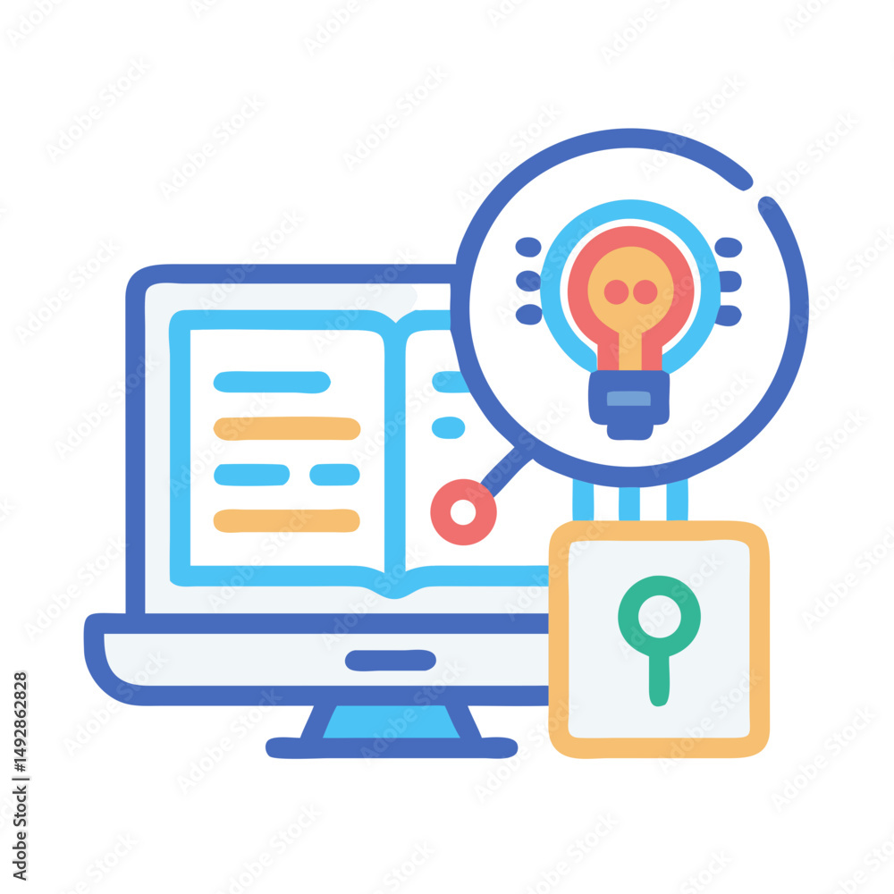 Poster computer with lightbulb and padlock icon for creative security