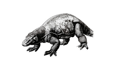 Rustic Lizard Print Design, Antique Engraving of Komodo Dragon Walking, Vintage Reptile Illustration, Retro Jungle Wildlife Sketch, Monochrome Hand-drawn Art, vintage reptile print