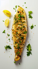 Fish fillet baked with a crispy herb and breadcrumb crust. Minimalistic styling.