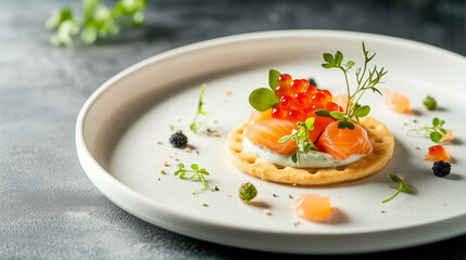 Fine dinning chefs compliment - biscuit with cream, red fish and caviar on top. Mini appetizer bite