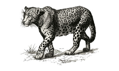 Safari Wildlife Sketch, Monochrome Animal Etching, Antique Engraving of Leopard Stealthily Walking, Vintage Wild Cat Line Art, Nature Drawing for Animal Lovers, black sketch, vintage style