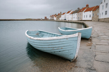 Naklejka premium Two weathered fishing boats rest serenely by a quaint village dock, echoing tales of bygone voyages and coastal tranquility; ideal for National Maritime Day and rare seaside retreats