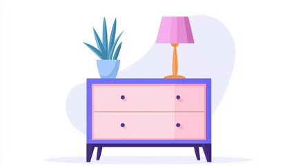 Colorful Minimalist Cartoon Illustration of a Dresser with Pink Lamp and Potted Plant
