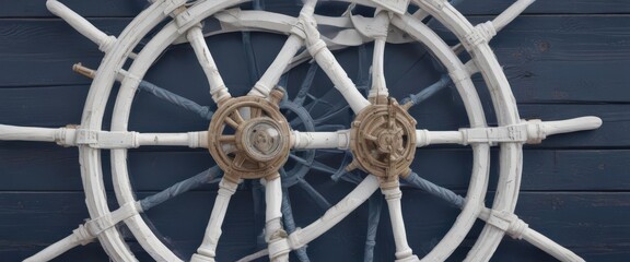 Classic blue and white nautical stripes, ship's wheel in focus,  sail,  coast,  boat