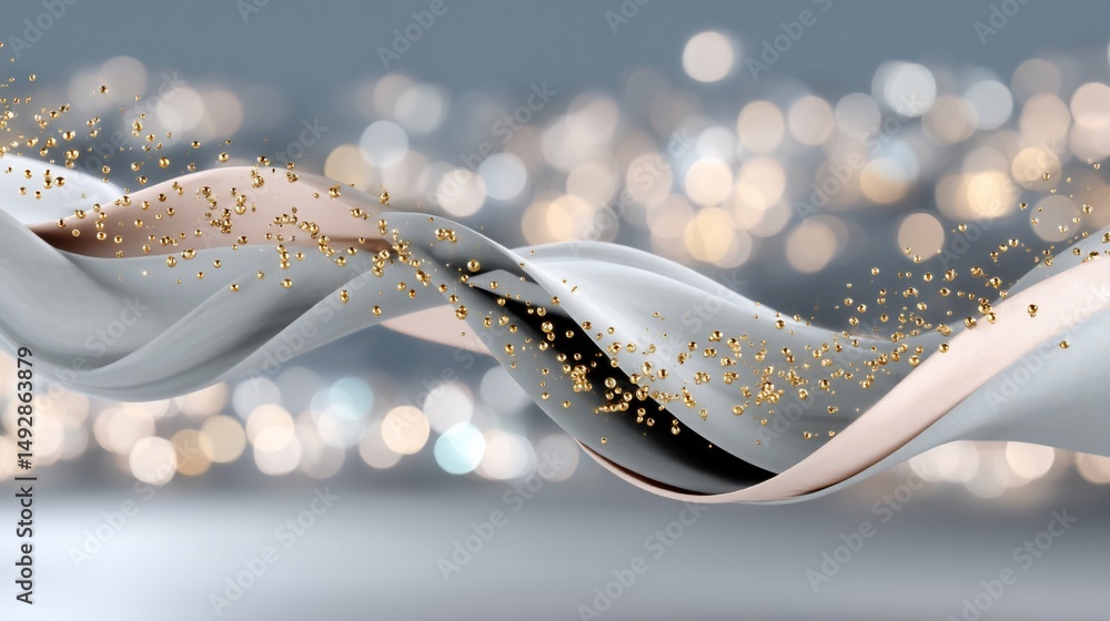 Poster abstract design with flowing fabric and golden particles against bokeh lights