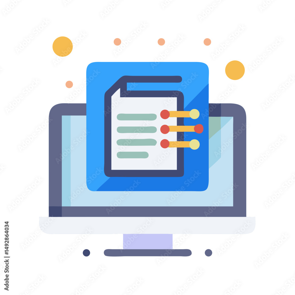 Poster digital document checklist on computer screen, flat style icon