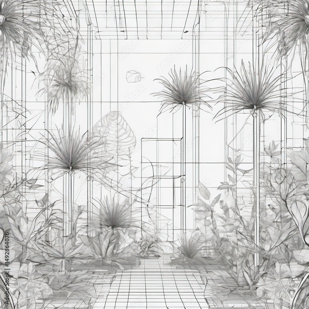Fototapete wireframe style bio-luminescent jungle in cad rendering for stable diffusion
