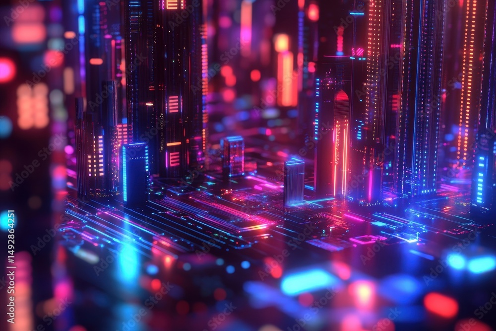 Aufkleber neon microchip city grid illuminated with colorful bokeh effects and futuristic elements at night, 3