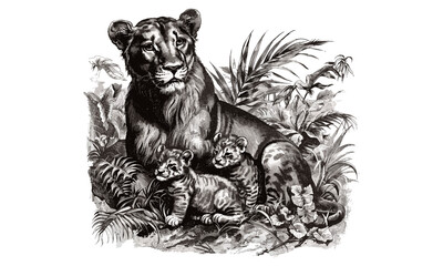 Vintage Wildlife Etching, Antique Engraving of Lioness with Cubs, Monochrome Wild Cat Line Art, Detailed Nature Illustration, Retro Animal Print, Black Sketch, Rustic Fauna Drawing