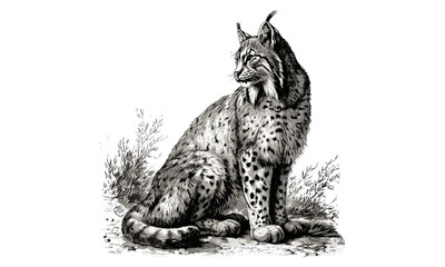 Hand-drawn Forest Predator Sketch, Antique Engraving of Lynx, Vintage Wildlife Illustration, Monochrome Retro Etching Art, Old Engraving Style, Calm Lynx Artwork, Black Sketch