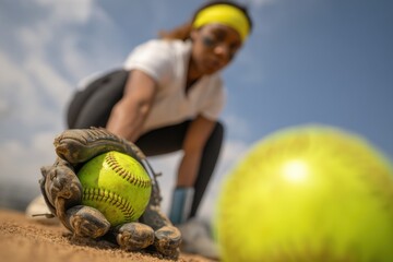Softball player catching ball with glove