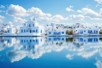 Stunning views of white Greek houses and church on Paros island reflecting in calm waters of Cyclades, Greek houses and church of Paros island in Cyclades of Mediterranean sea Greece