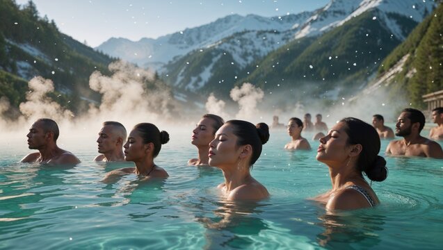 A group of diverse people relax in a steaming outdoor pool, surrounded by a majestic snowy mountain landscape. The serene atmosphere and stunning scenery create a tranquil escape.