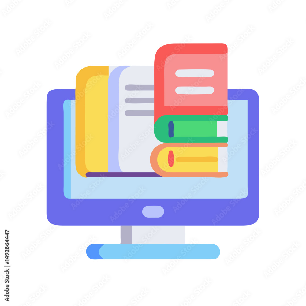 Poster colorful digital books and document stack on computer screen