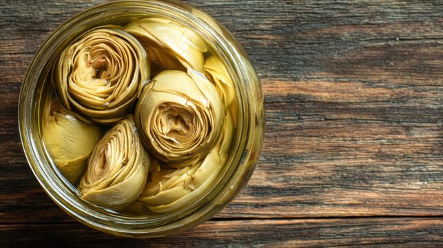 Pickled Artichoke Hearts Preserved in Glass Jar Overhead Still Life on Rustic Wood Tabletop Food Photography