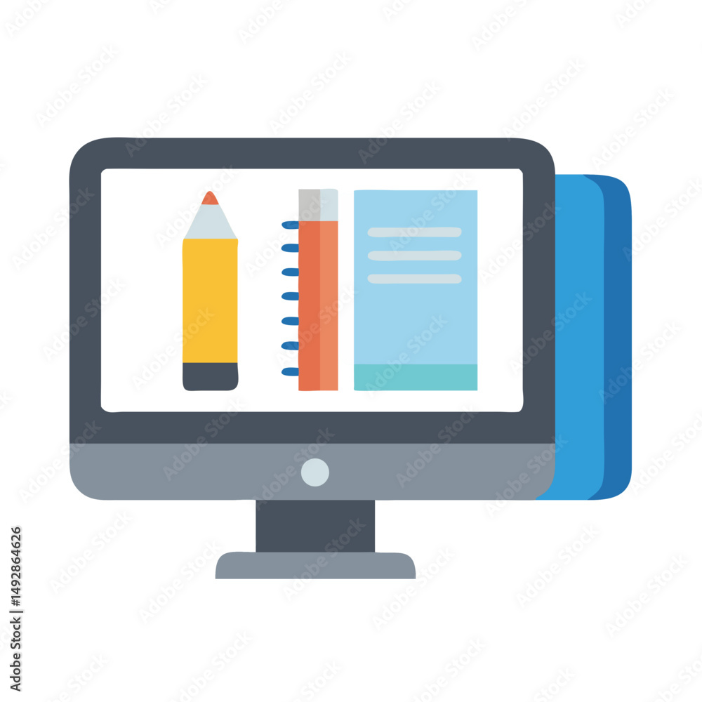 Poster computer screen displaying pencil, notebook, and document icons
