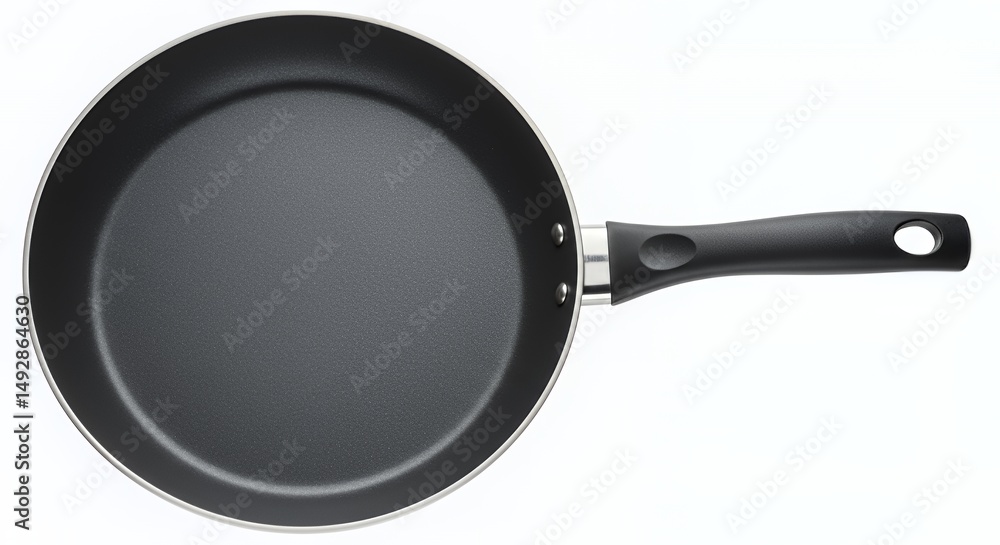 Poster top down view of a black non stick frying pan with black handle isolated on white background studio 