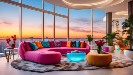 A radiant luxury penthouse glowing with vibrant custom-designed furniture, Cinematic theme, HDR, Vibrant 