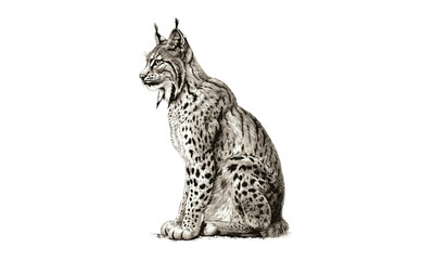Antique Engraving of Lynx Sitting Calmly, Hand-drawn Forest Predator Sketch, Vintage Wildlife Illustration, Retro Etching Nature Art, Black Sketch, Monochrome, Old Engraving Style © Vintage Studio