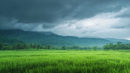 Obraz premium Heavy rain falling on a lush green field, creating a dramatic mood