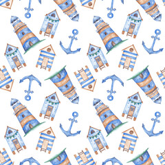 Marine Watercolor Design Elements: Anchor, Lighthouse, Houses
